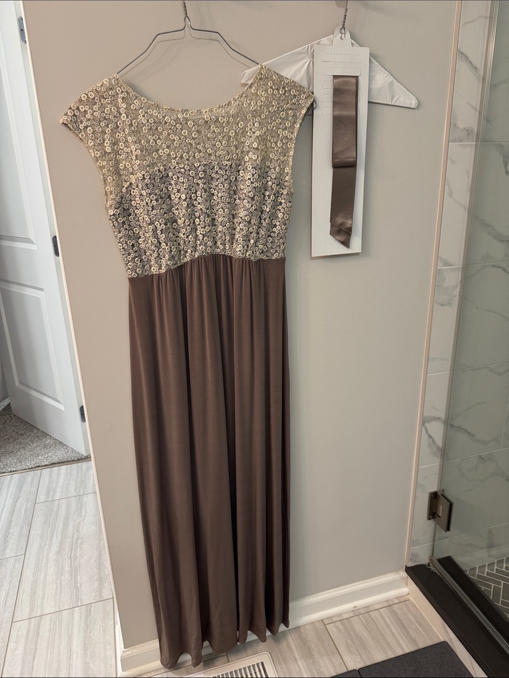 Embellished Cap-Sleeve Maternity Dress in Taupe